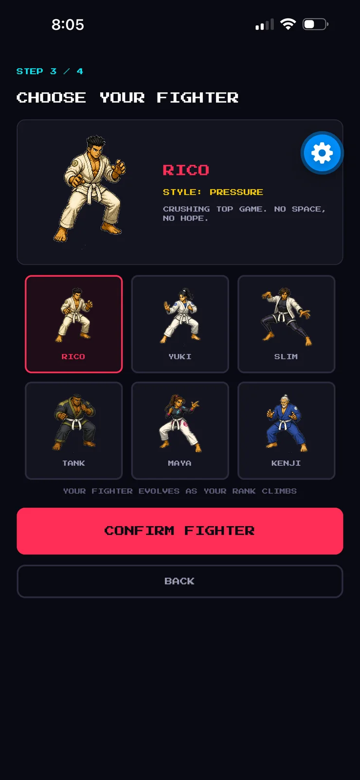 Onboarding screen: choose your fighter from a grid of six, with Rico selected