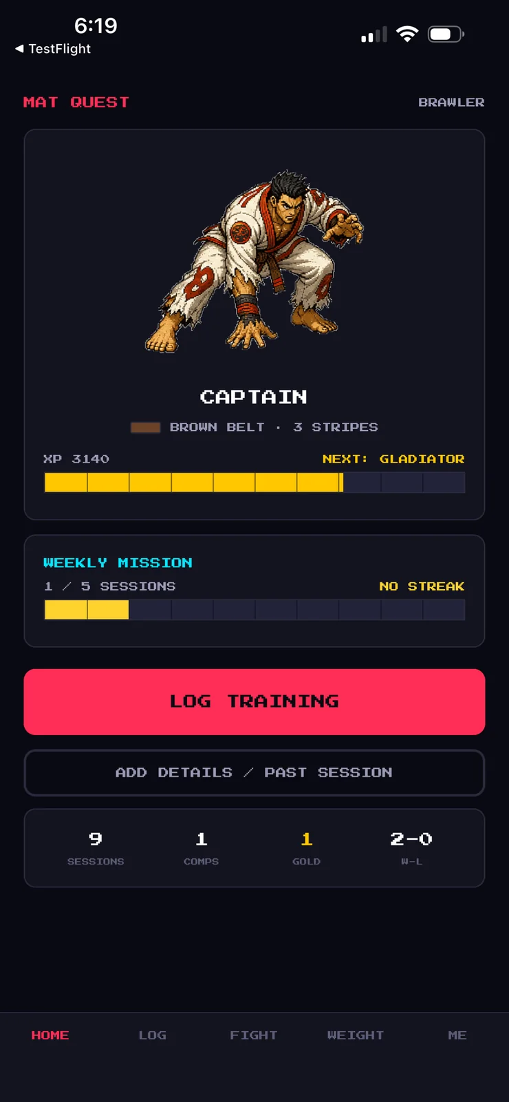 Home screen: player card with a brown belt fighter, XP bar, weekly mission and Log Training button