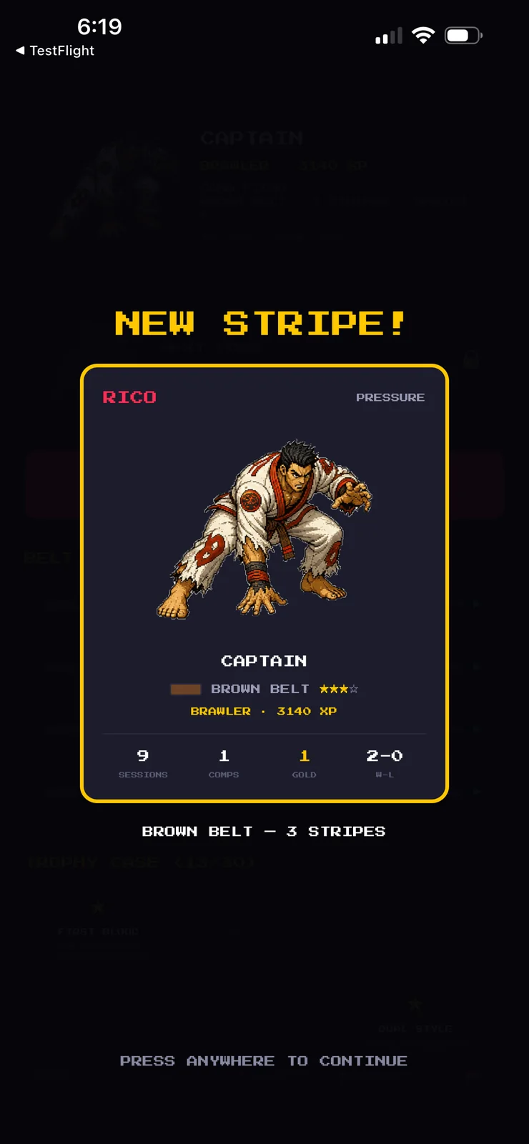 New Stripe celebration: player card showing brown belt, 3 stripes
