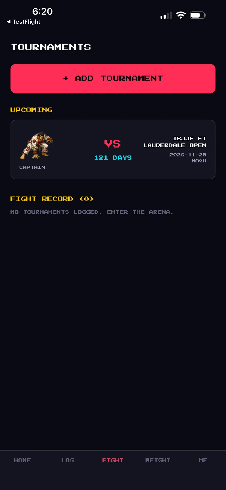 Tournaments screen: a VS card counting down 121 days to an upcoming IBJJF open