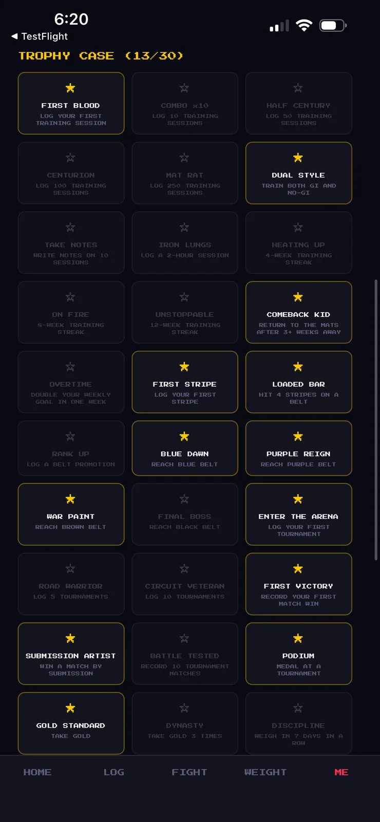Trophy case showing 13 of 30 medals unlocked